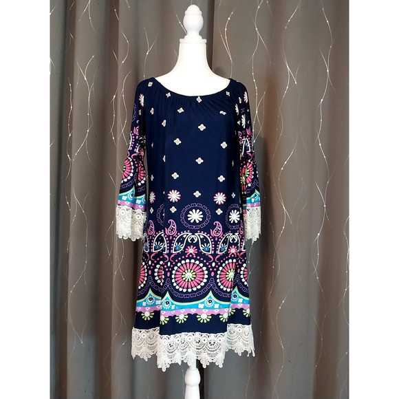 White Mark Navy Boho Blue Embroidered Tunic Dress Size Large / #3106 - Picture 1 of 2